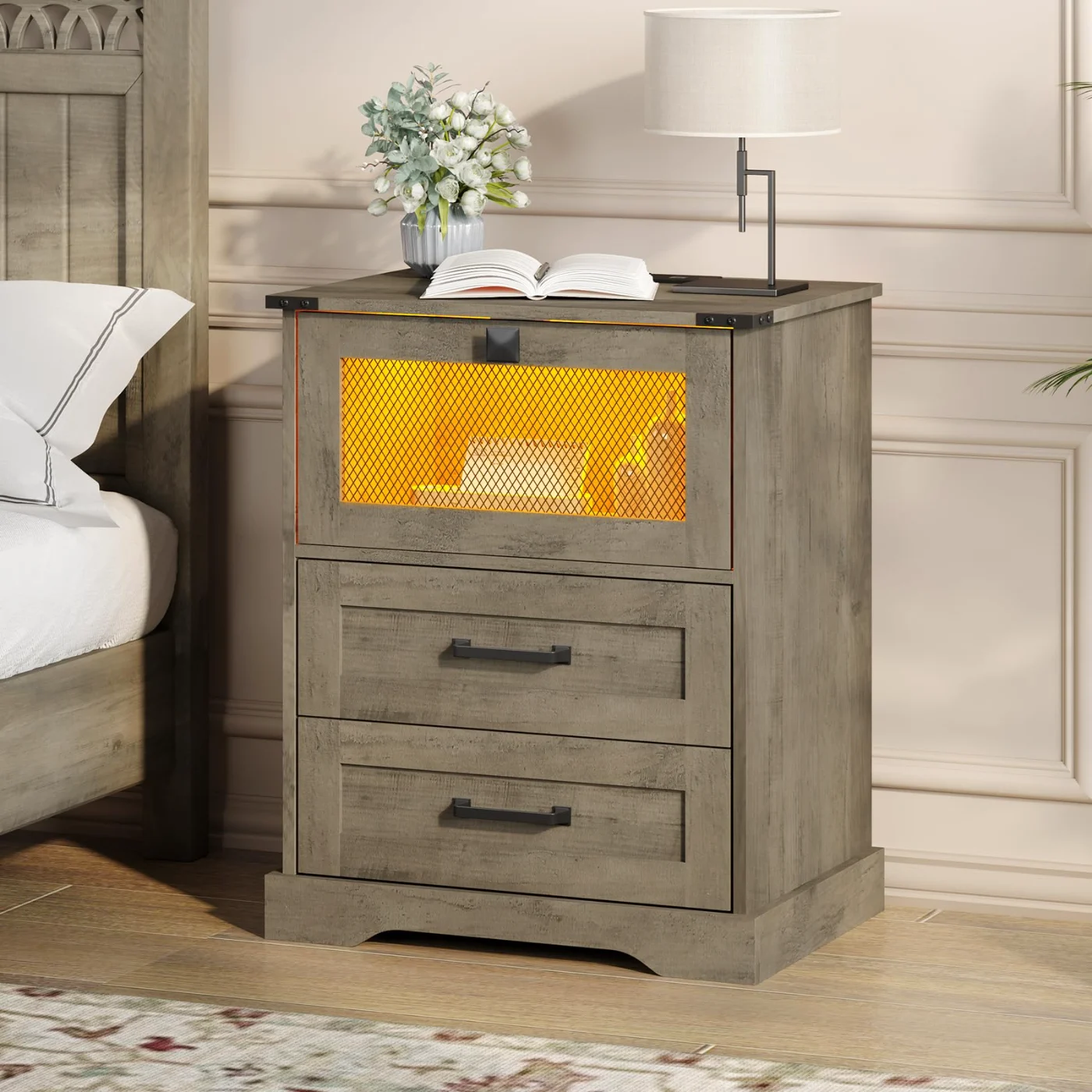Led Nightstand With Charging Station, brown