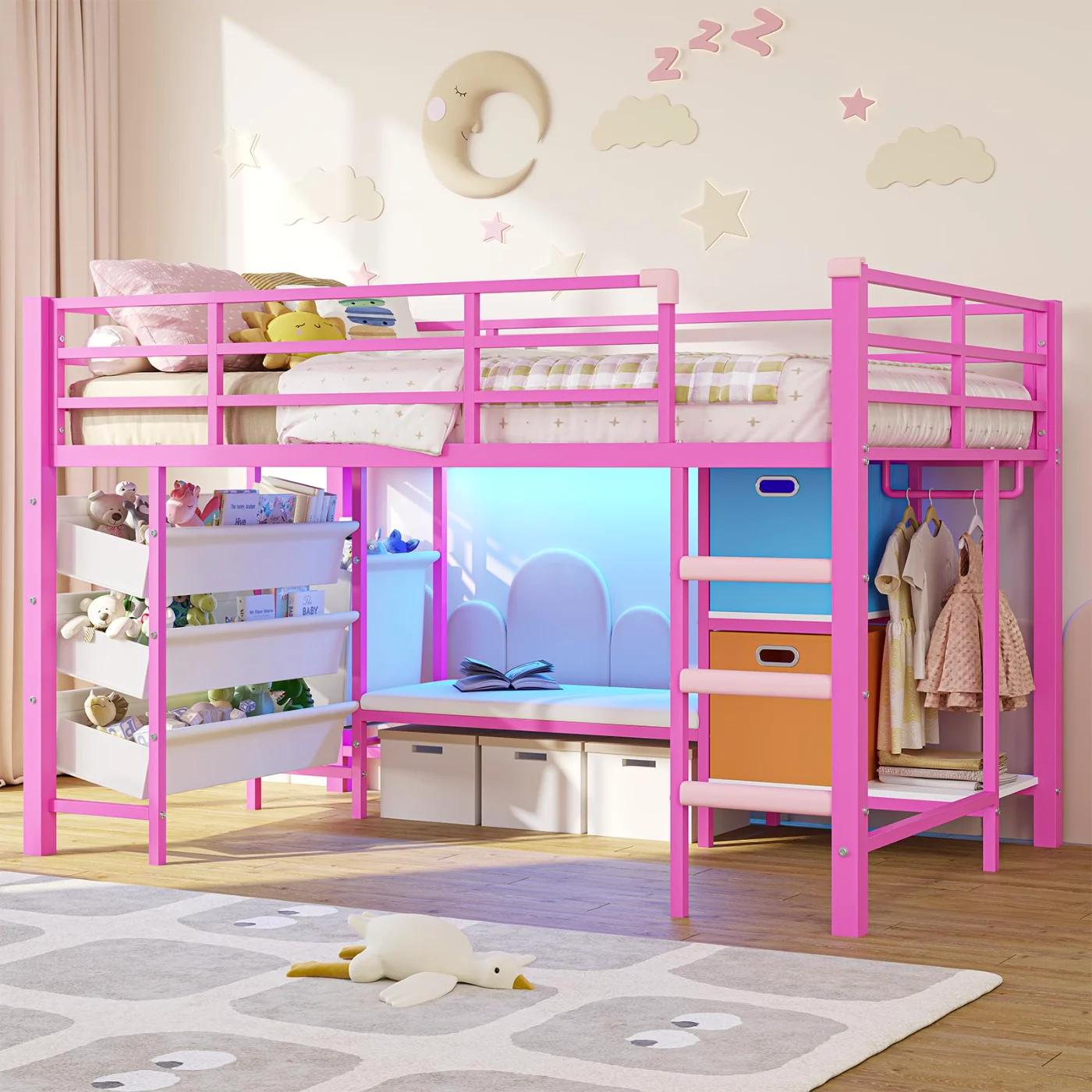 Twin Loft Bed with Storage Bins Reading, Pink, pink