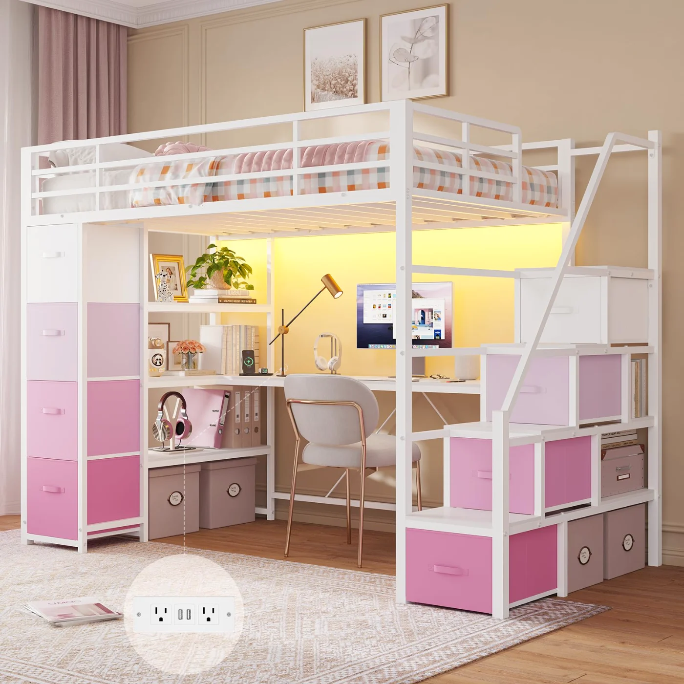 Twin Loft Bed with Storage Stairs, White (RP8H), white