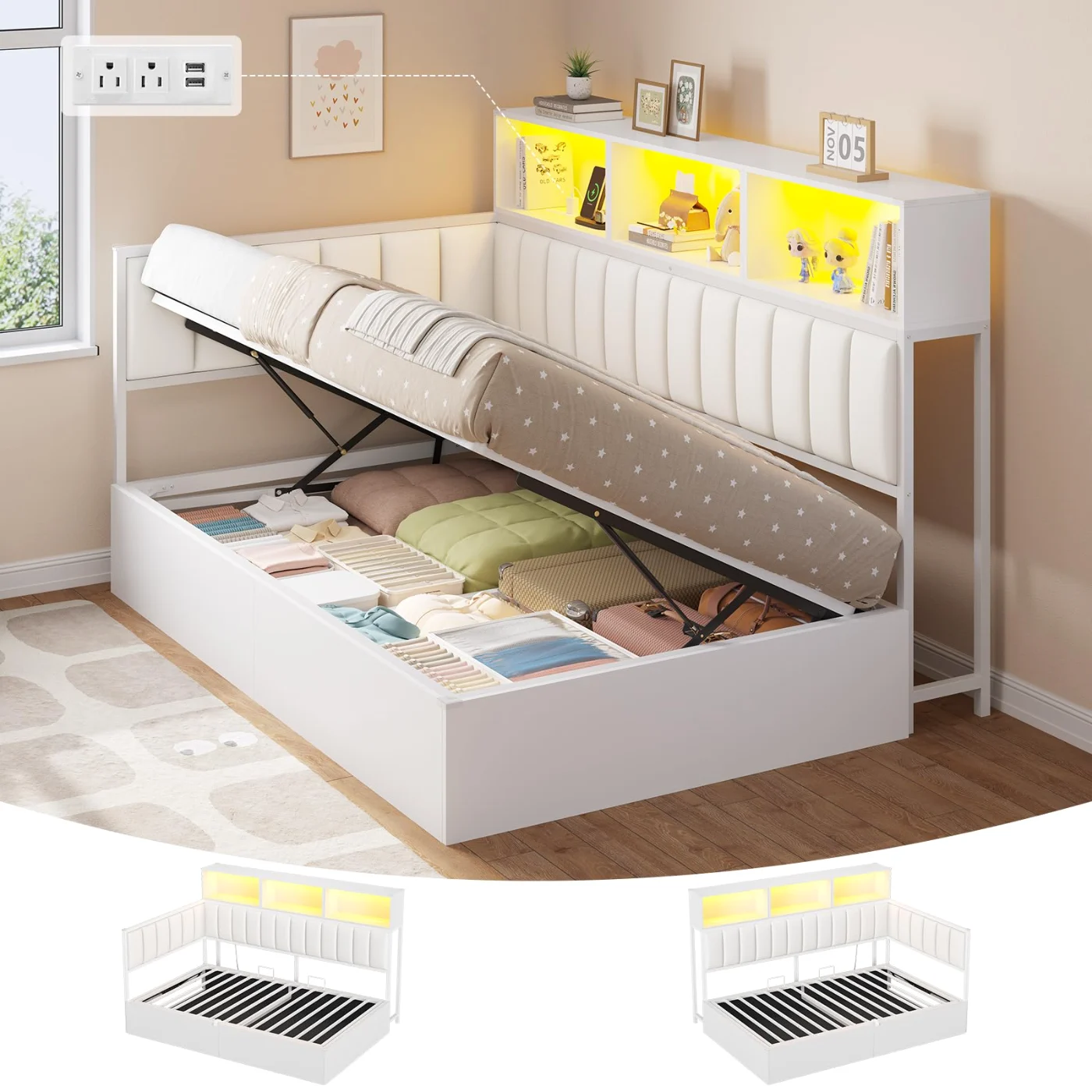 Twin Corner Bed with Upholstered Guardrails Side Bookcase, white