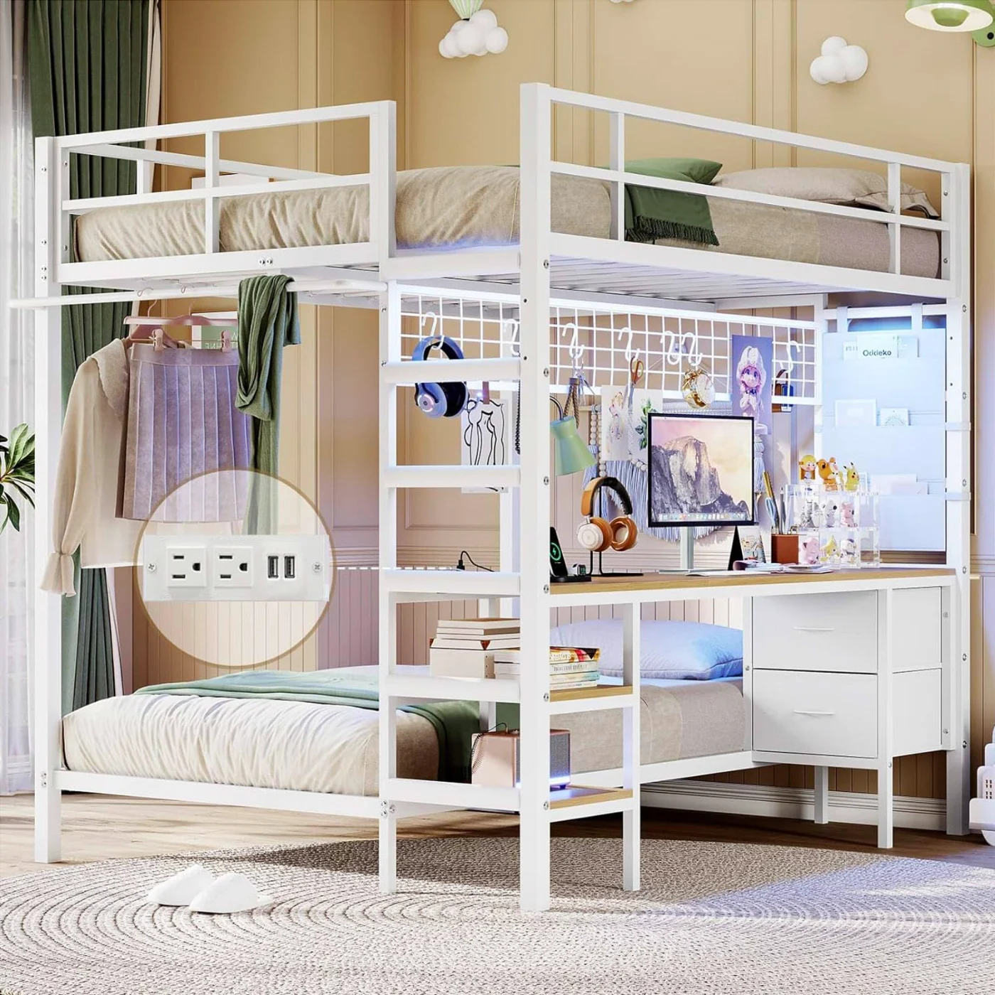 Twin Loft Bed with Desk Led Lights Charging Station, white