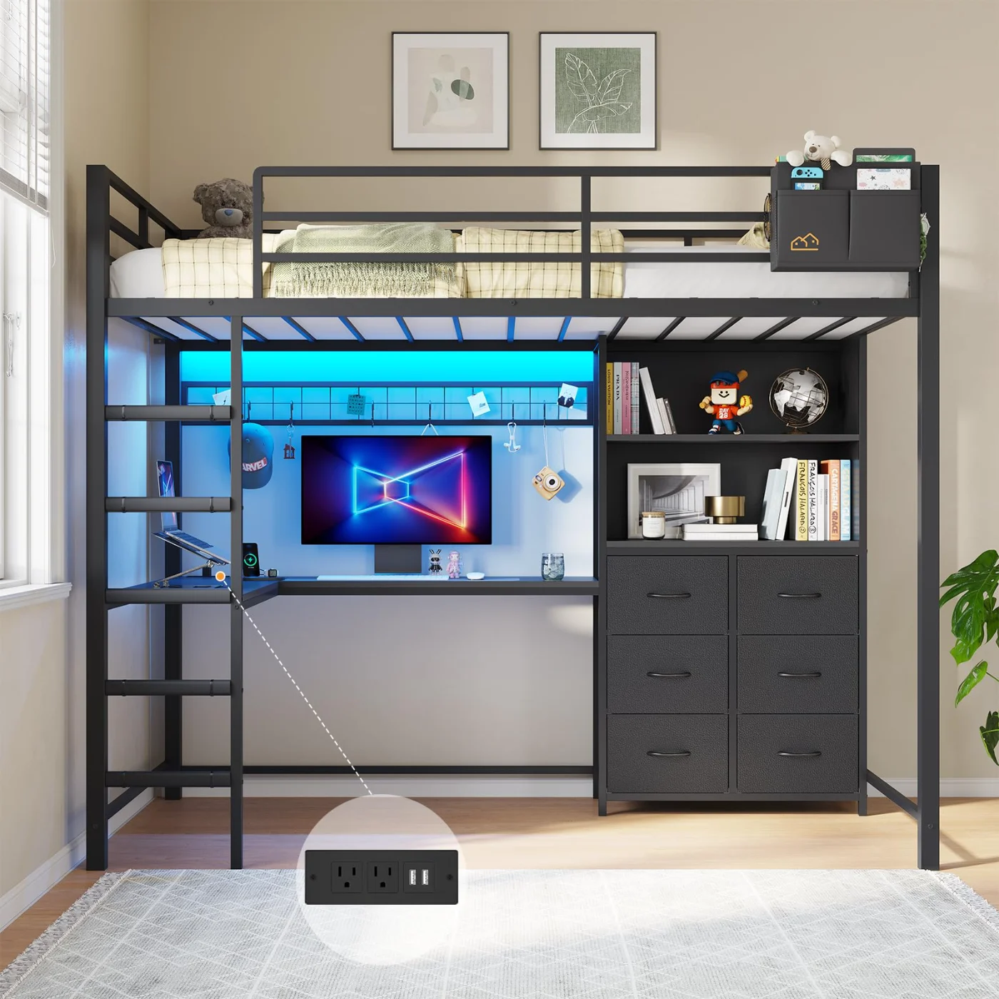 Twin Loft Bed with L Shaped Desk Storage Bookshelf, black