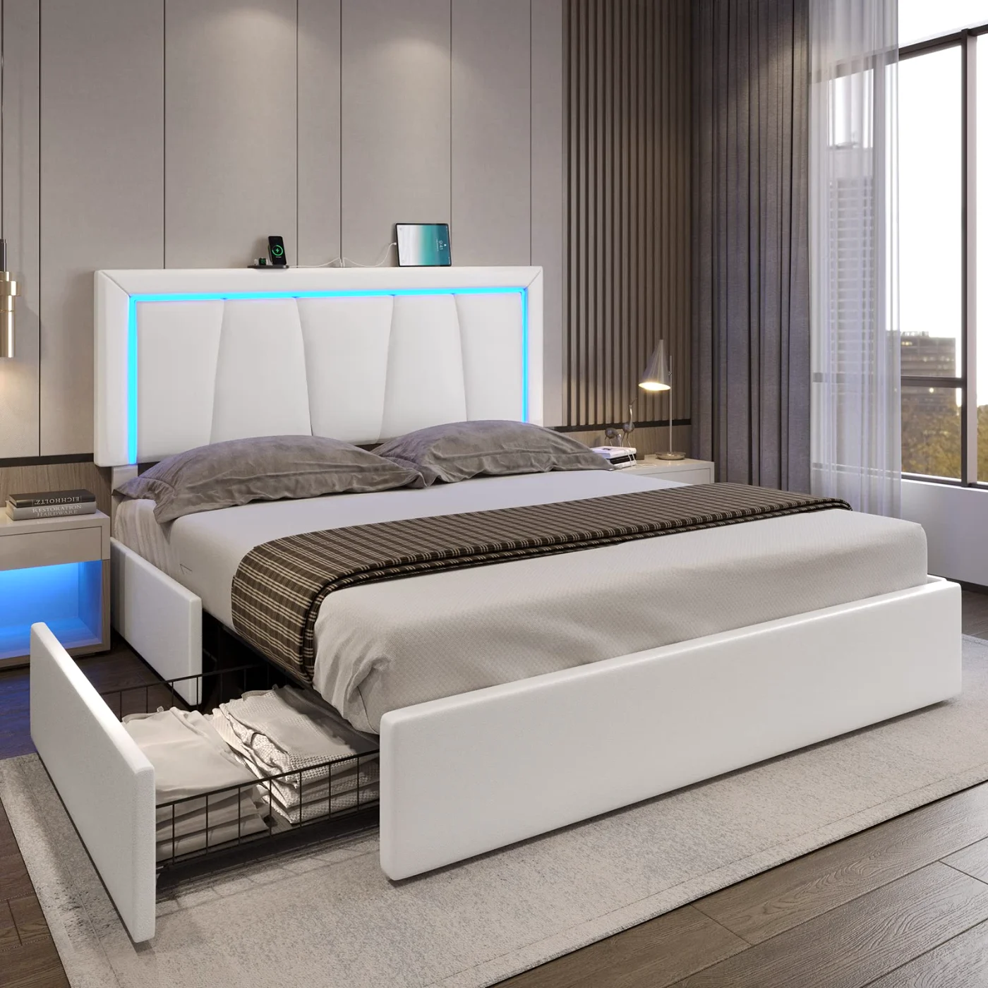 Cal King Bed Frame with Storage Drawers & Led Lights, white