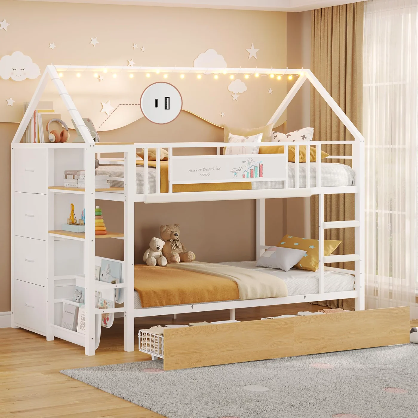Twin Bunk Bed with Storage Drawers Globe, White, white