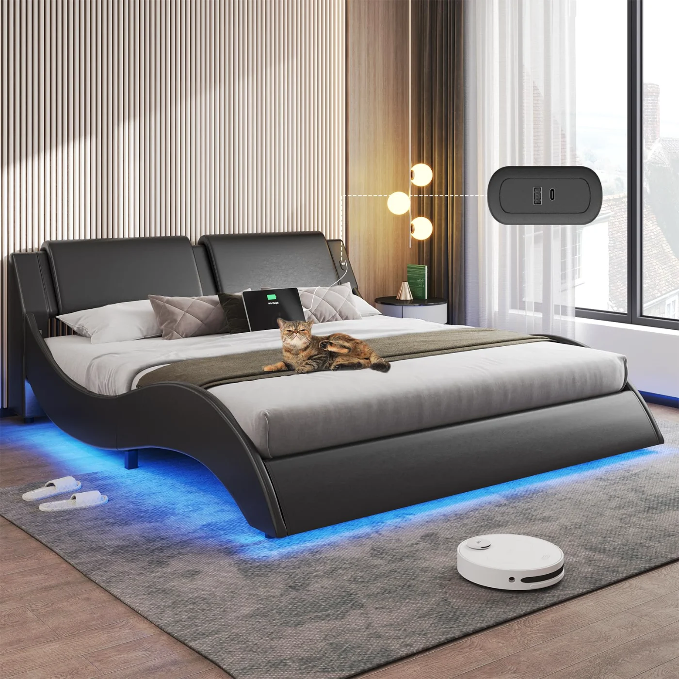 King Bed Frame with Headboard Charging Ports Low Profile, black