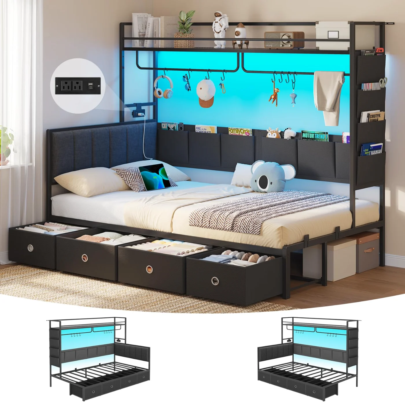 Twin Corner Bed with Upholsterd Headboard, black