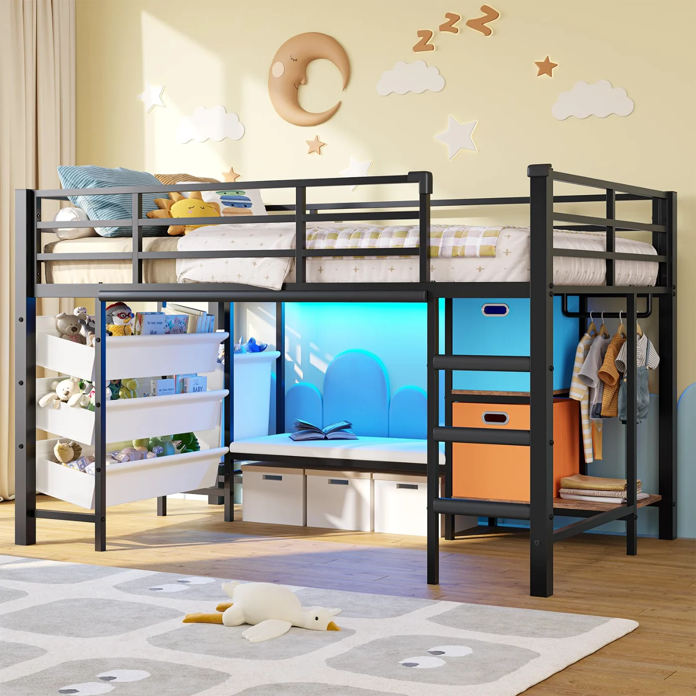 Twin Loft Bed with Storage Bins Reading, Black, black