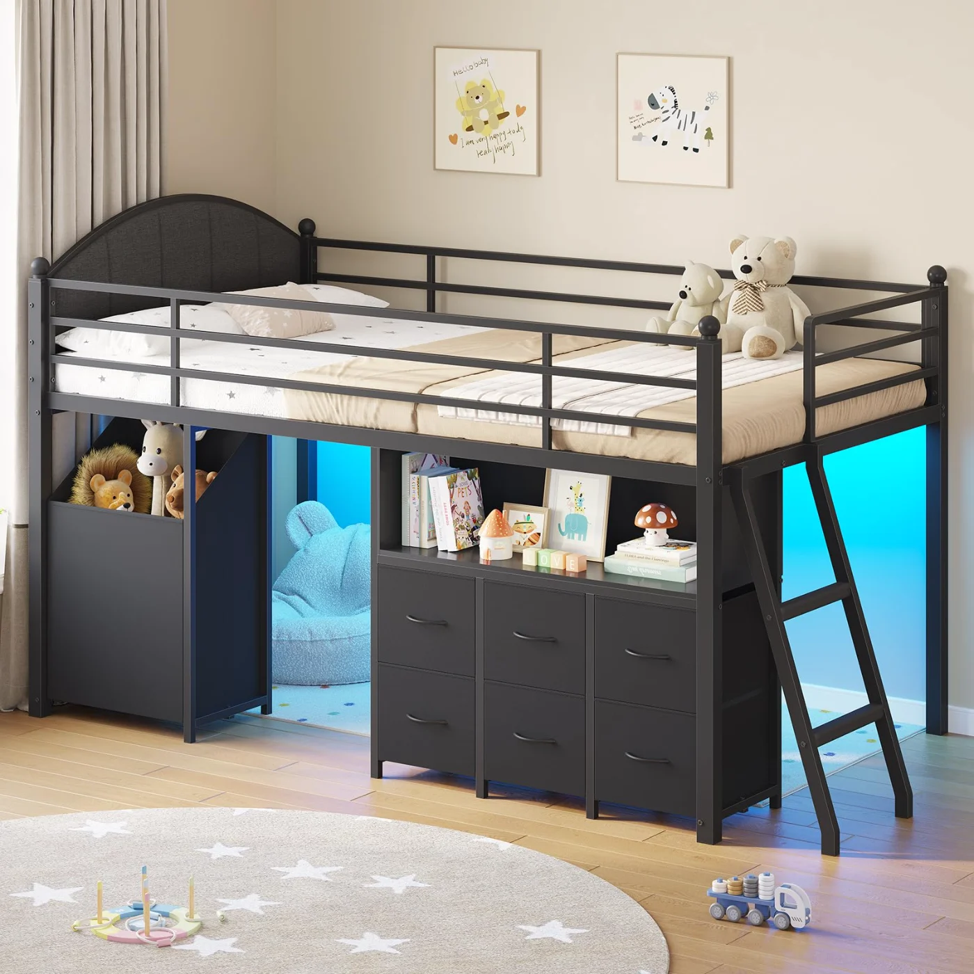 Twin Loft Bed with Drawers & Toy Storage Organizer, black
