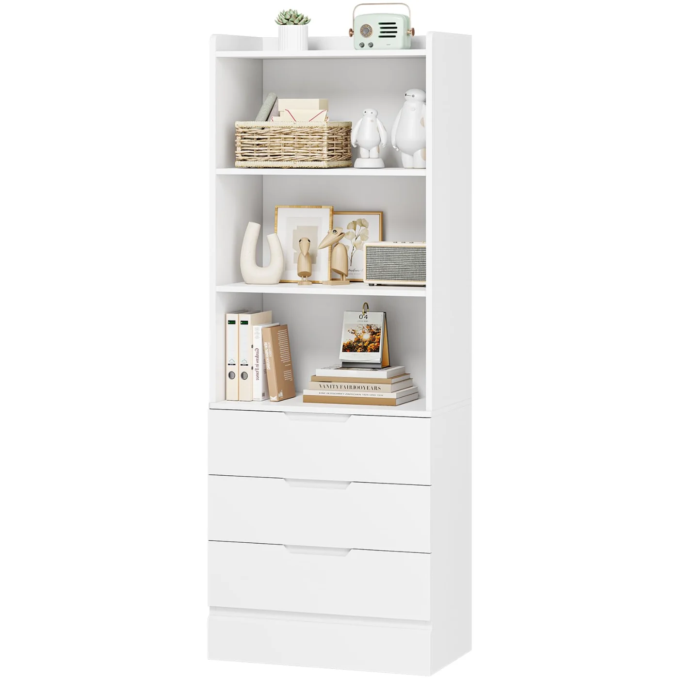 Tall Storage Cabinet Bookcase With Drawers, white