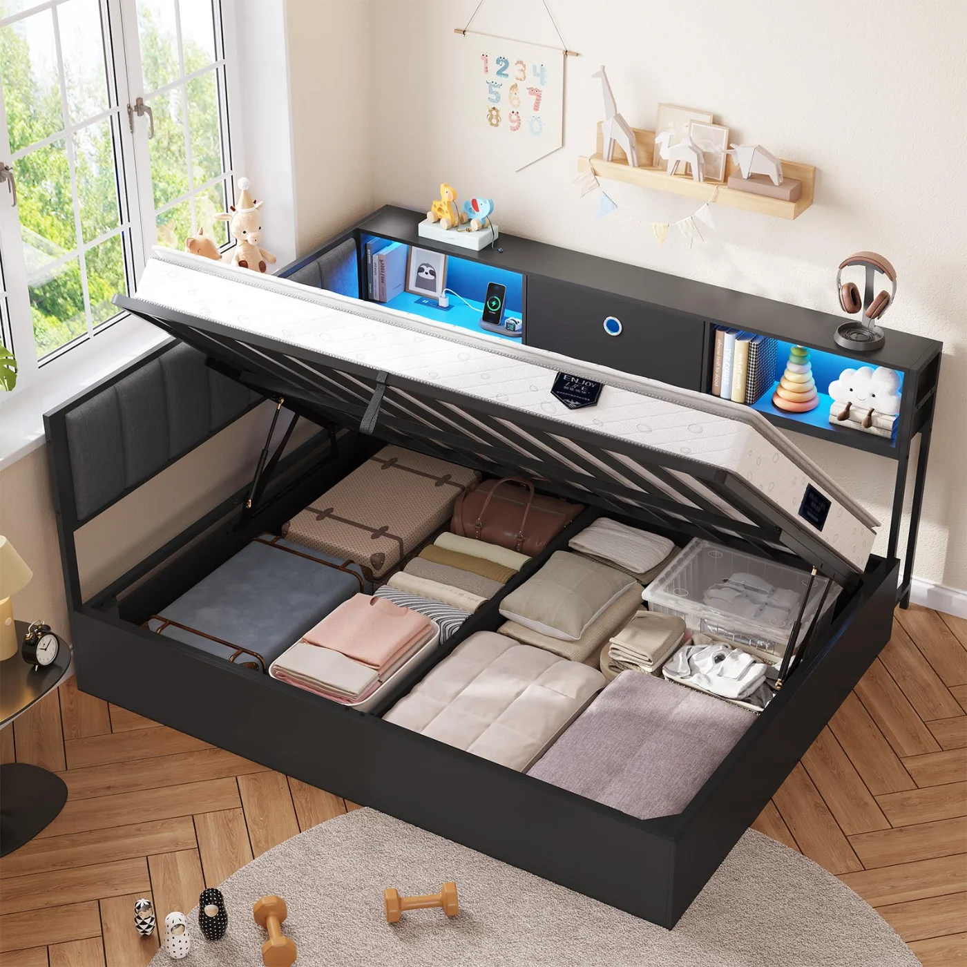 Full Corner Bed with Storage Drawers & Led Light, black