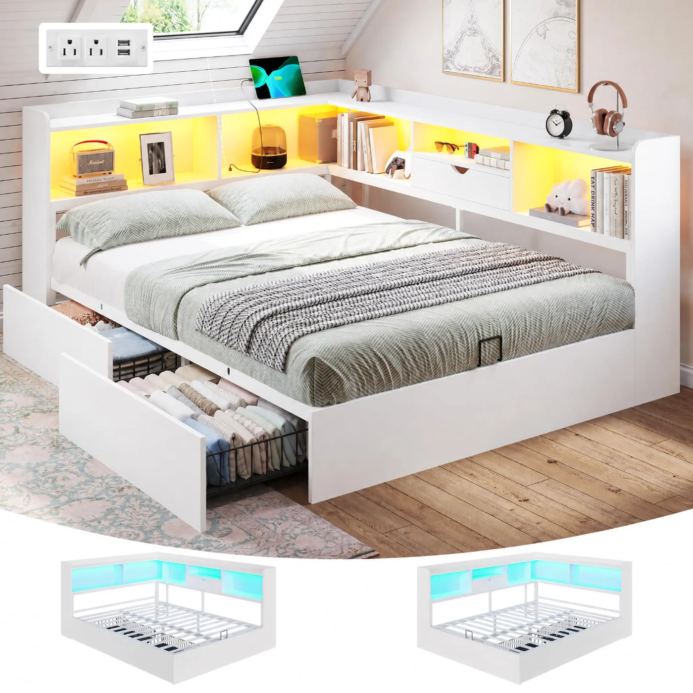 Queen Corner Bed with Storage Bookcase &, White, white