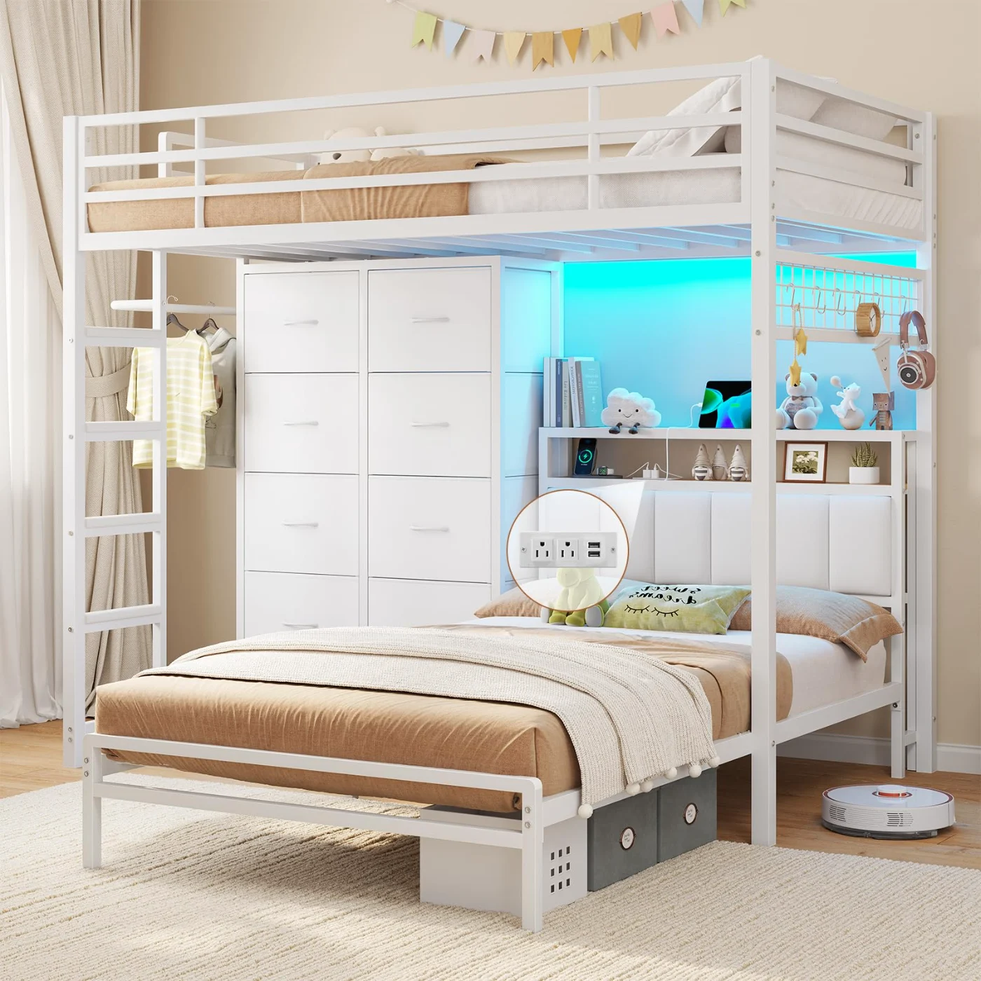 Twin XL Bunk Bed with L-Shaped Desk, White, white