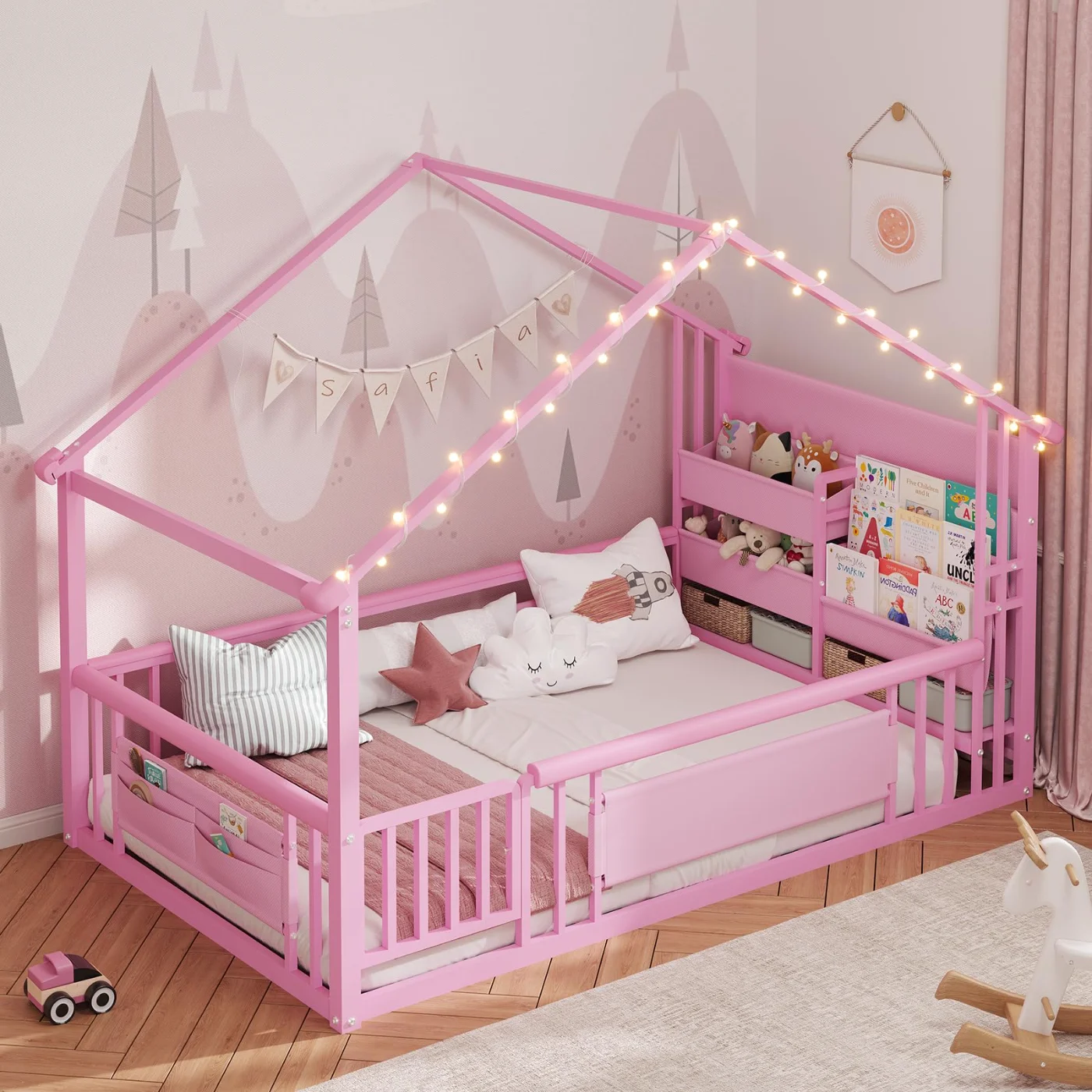 Twin Bed Frame with Storage Bookshelf Globe String Lights, pink