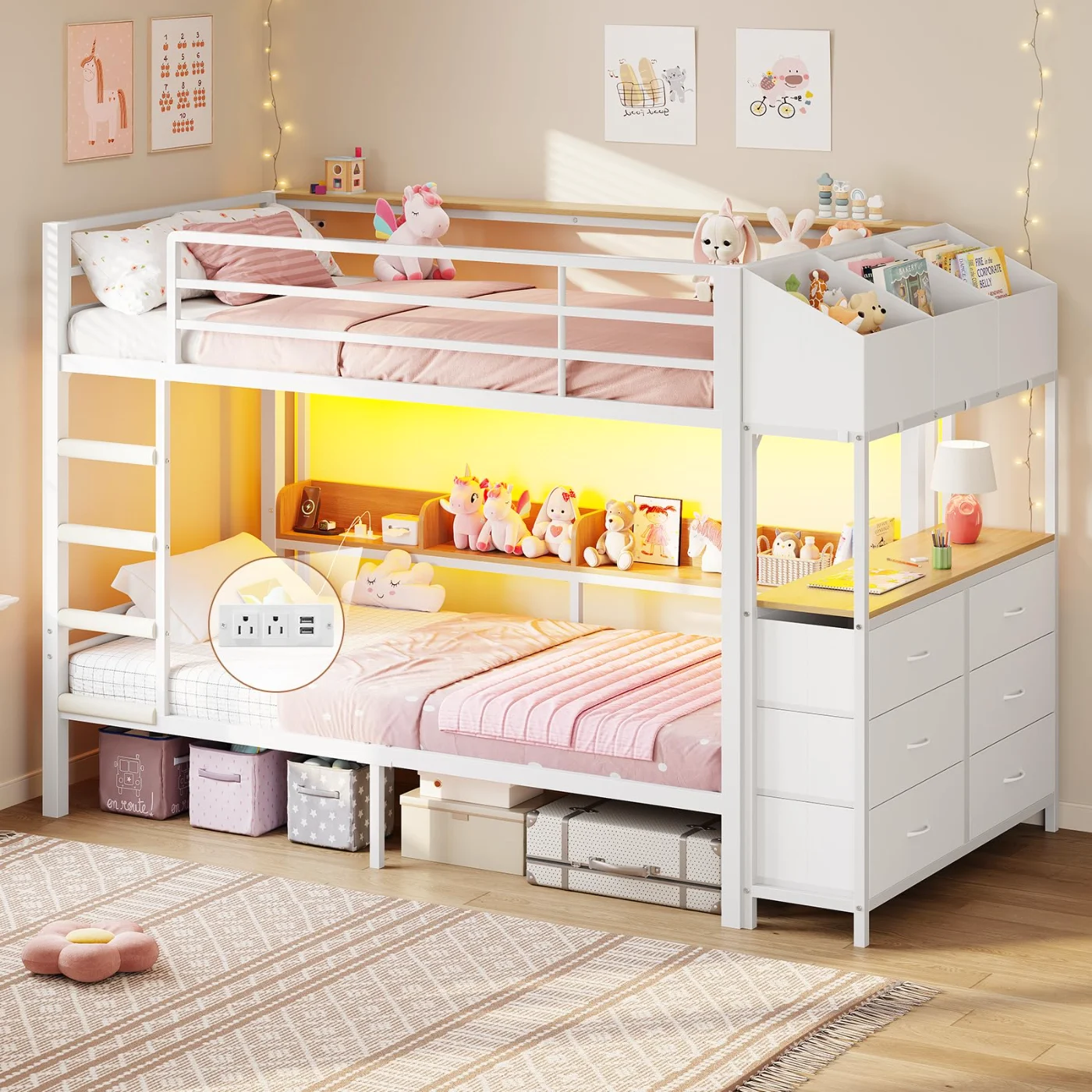 Twin Bunk Bed with Storage Drawers, White (JQWT), white