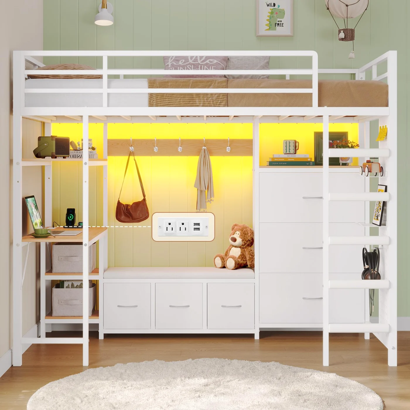Twin Loft Bed with Storage Drawers, White (ZZHT), white