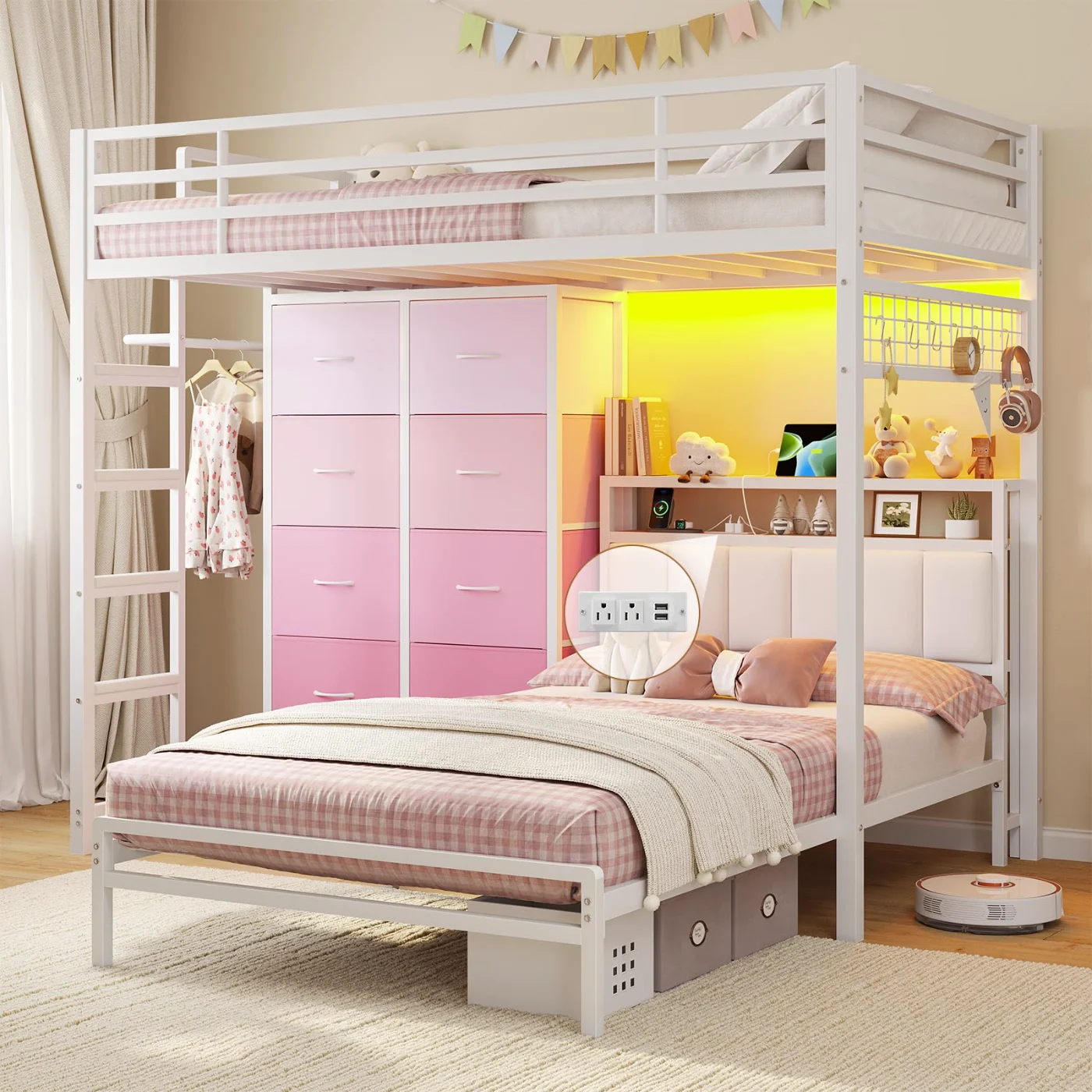 Twin Bunk Bed with Storage Drawers Led Lights (DF9Q), white