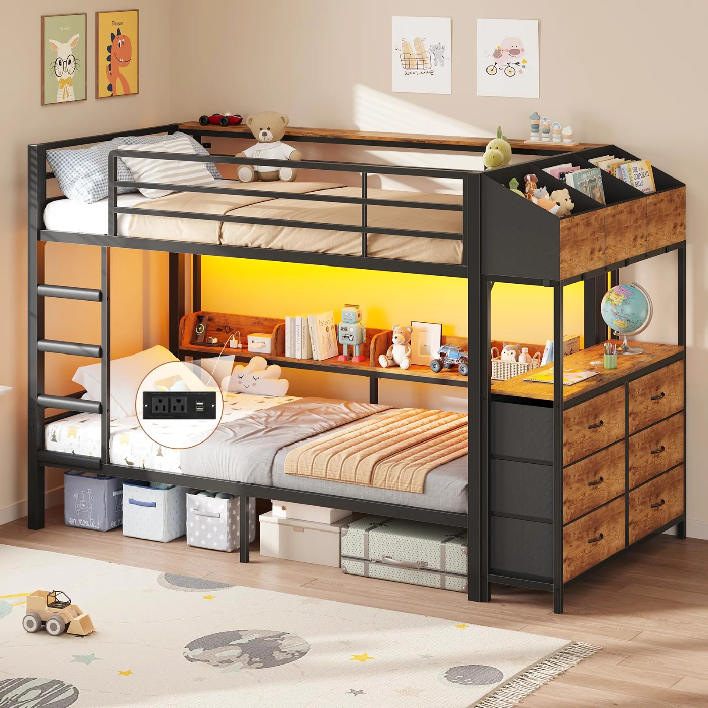 Twin Bunk Bed with Storage Drawers, Black (ZZP4), black