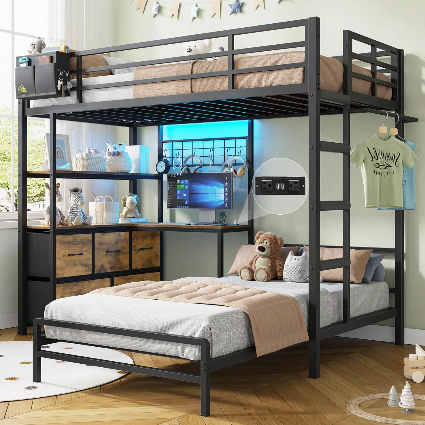 Twin Bunk Bed with Storage Drawers Led Lights, Black, black