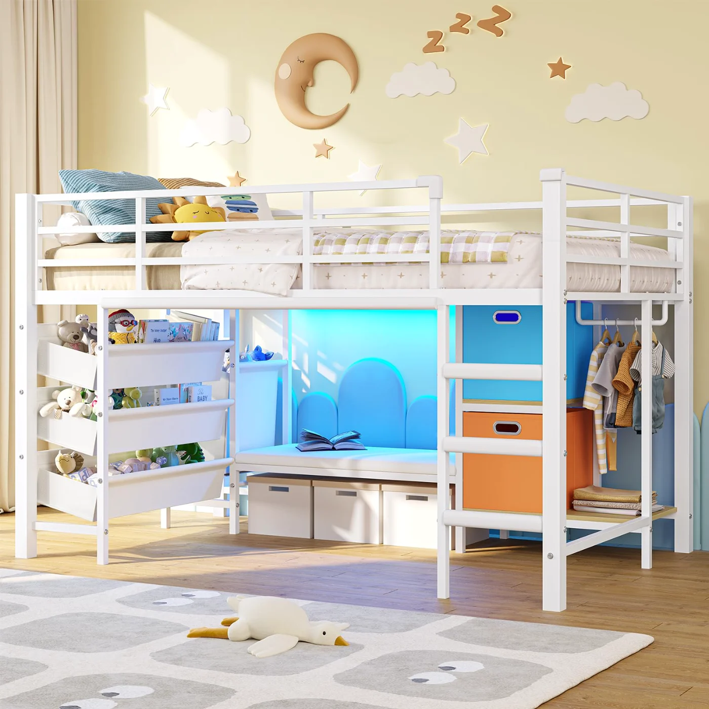 Twin Loft Bed with Storage Bins Reading, White, white