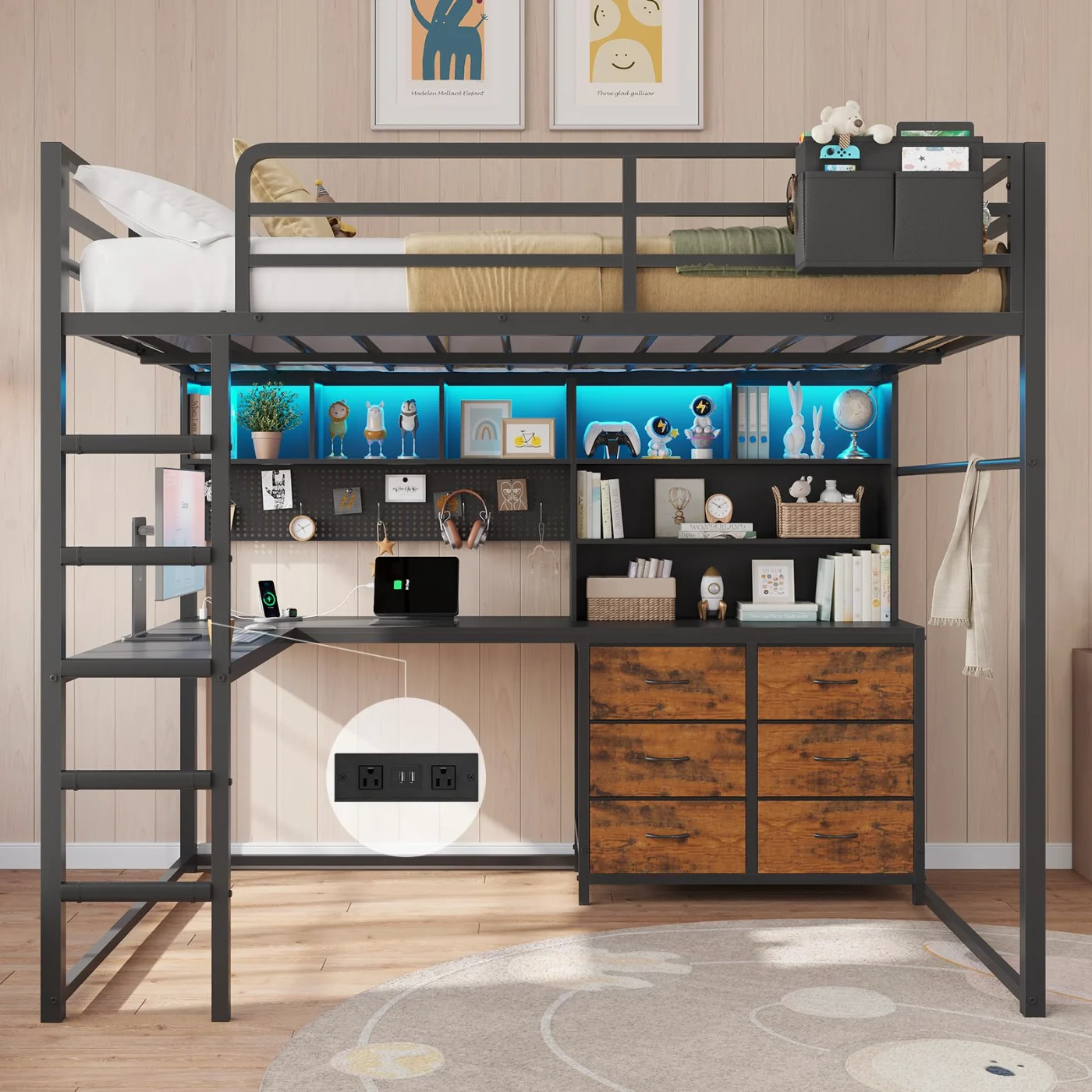 Twin Loft Bed with Storage Drawers, Black, black
