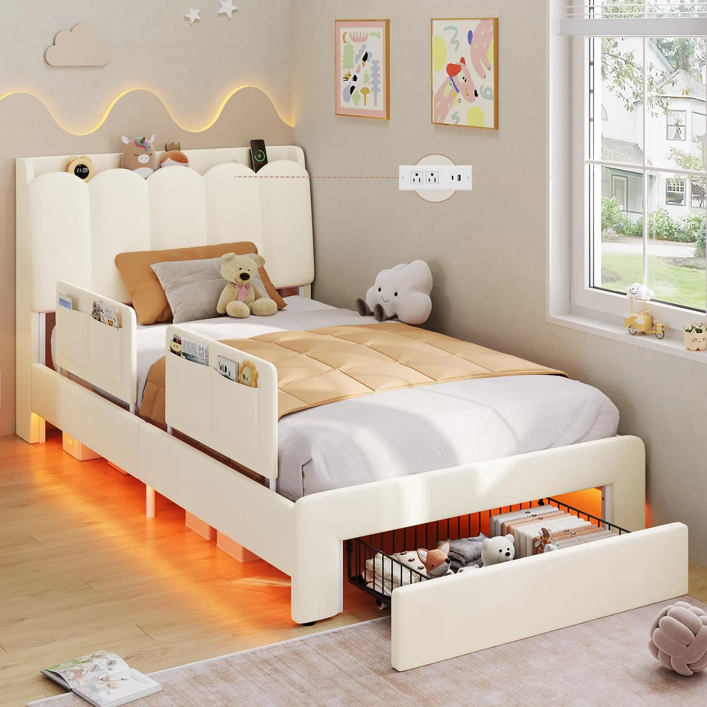 Twin Bed Frame with Storage Drawer, Oak & Natural, oak & natural