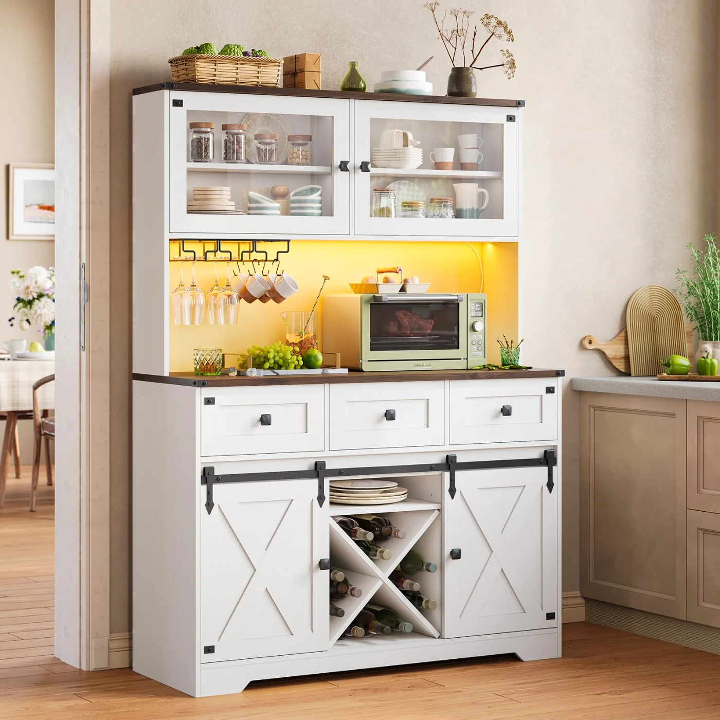 Farmhouse Buffet Cabinet With Storage Coffee Bar, white