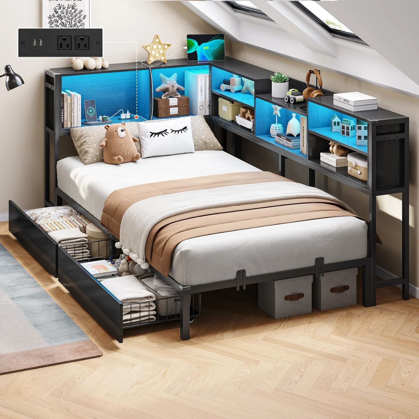 Twin XL Corner Bed with Bookcase Storage Led, Black, black