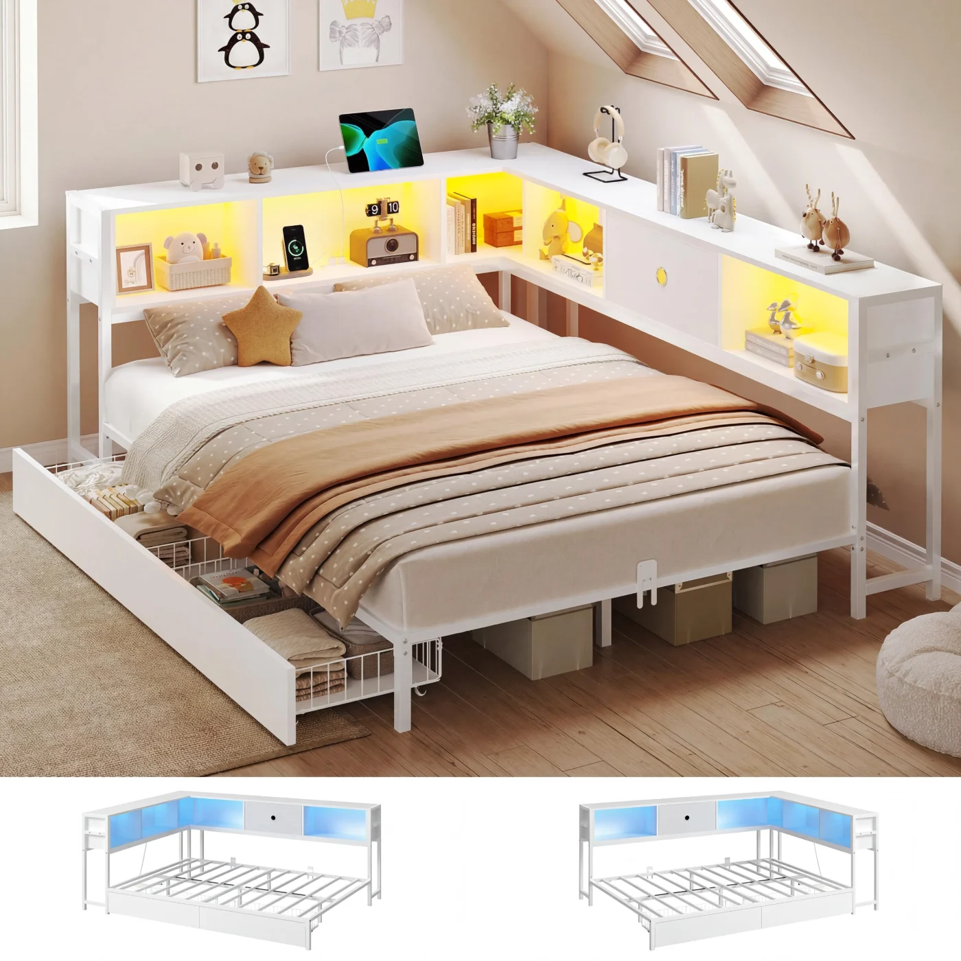 Full Corner Bed with Storage Drawers, White, white