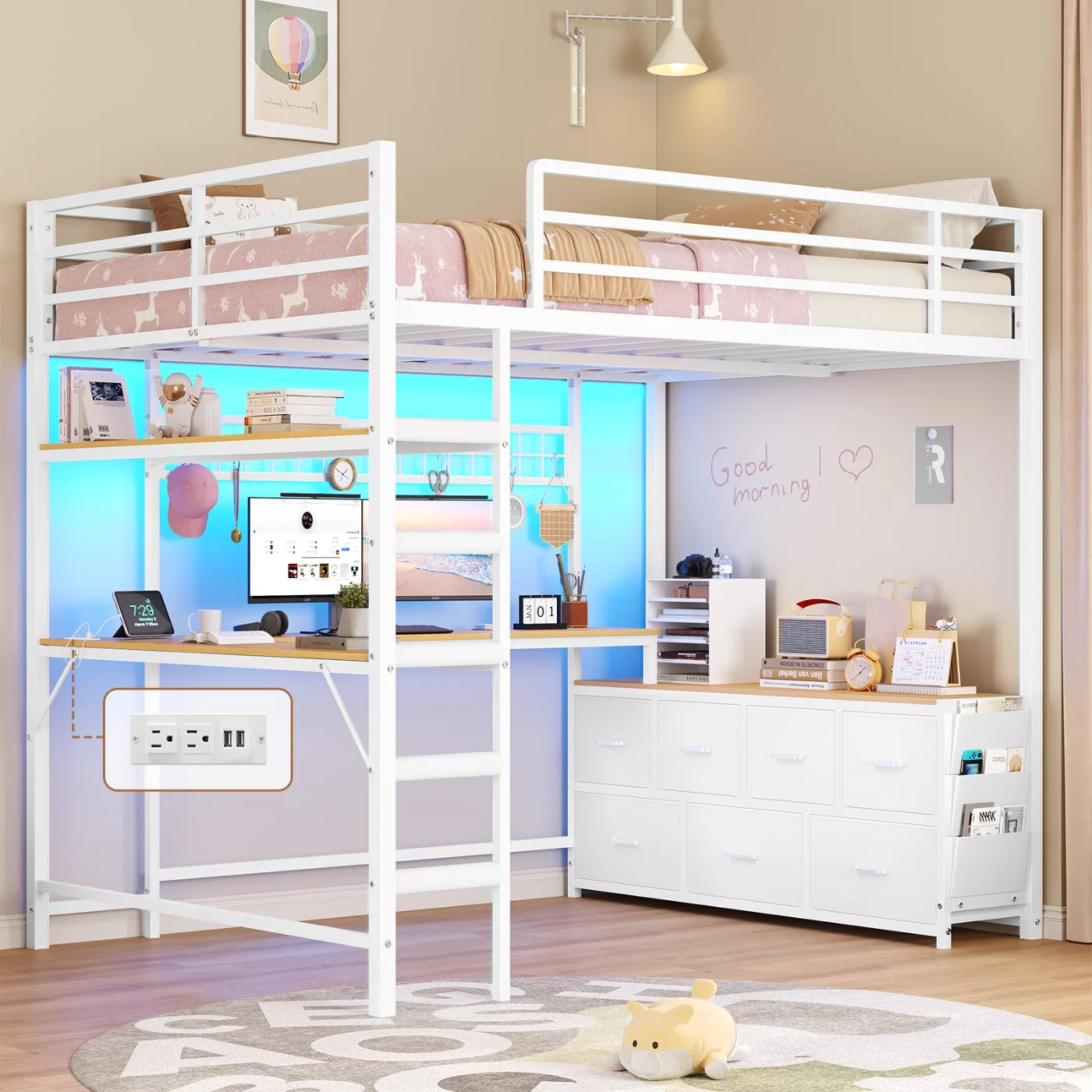 Full Loft Bed with U-Shaped Desk, White, white
