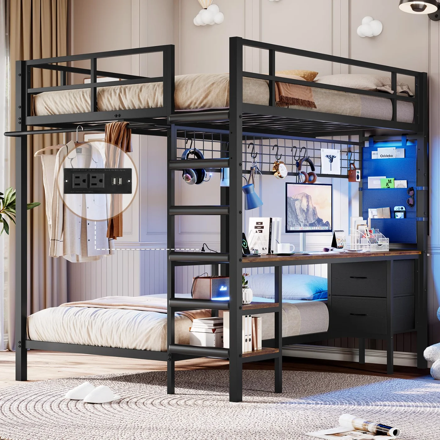 Twin Loft Bed with Desk Charging Station Led Lights, black