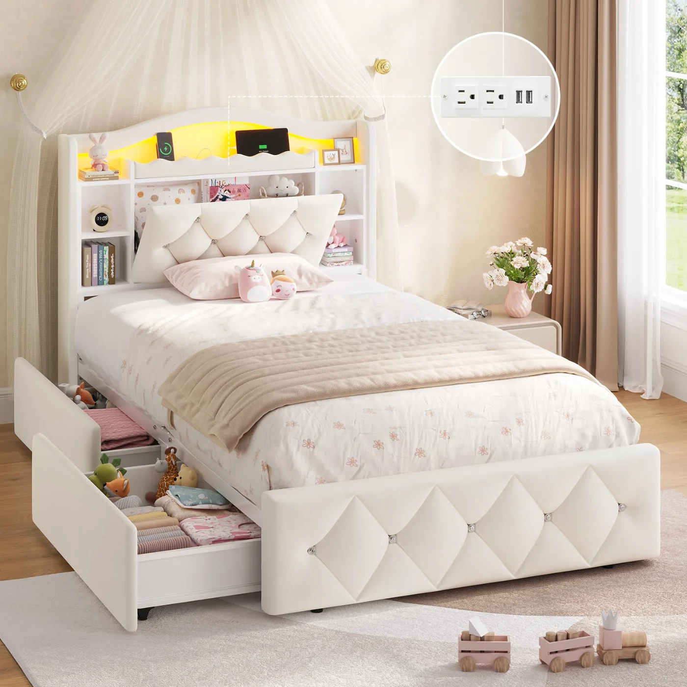 Twin Bed Frame with Storage Drawers, Oak & Natural, oak & natural