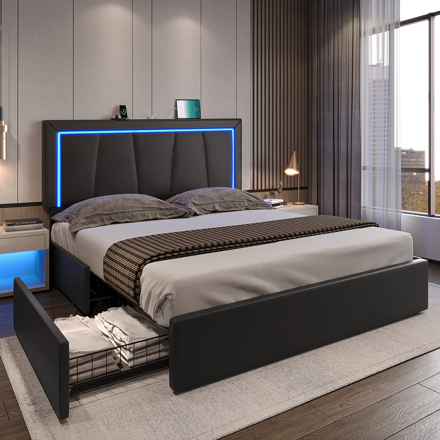 Cal King Bed Frame with Storage Drawers Led Lights, black