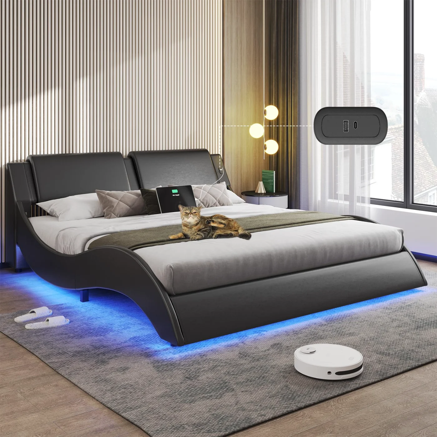 Full Bed Frame with Led Lights Usb & Type-C, black