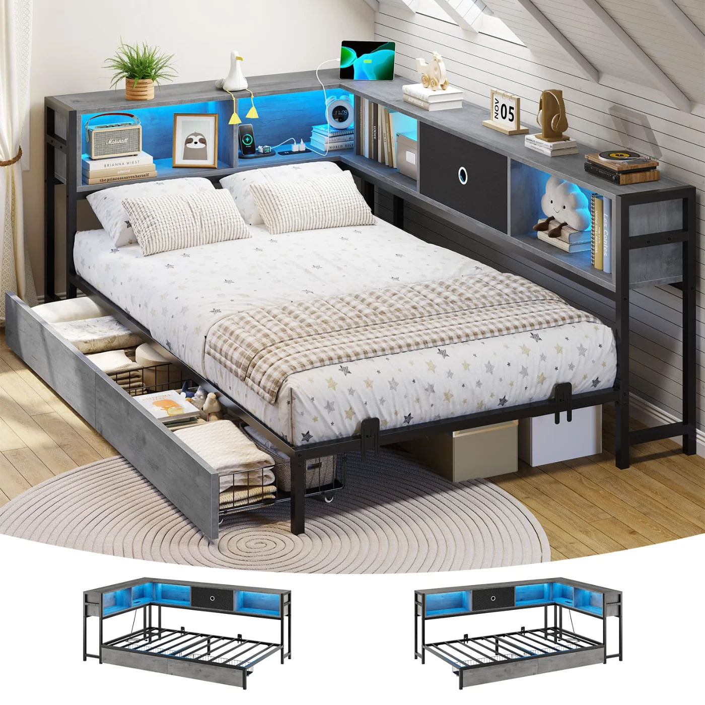 Twin Corner Bed with Bookcase Storage Drawers Led Ligh, grey