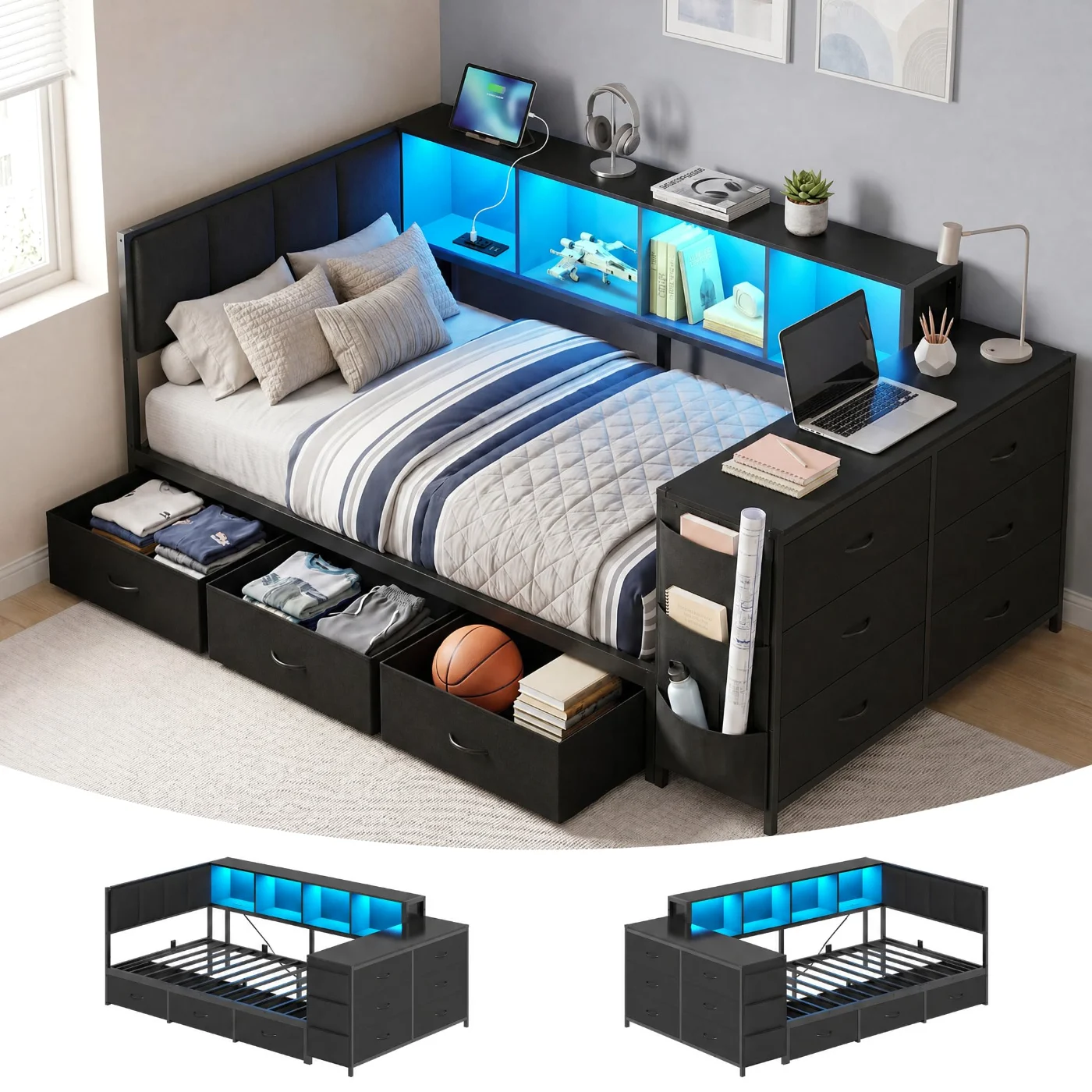 Twin Corner Bed with Storage Dresser, Black, black