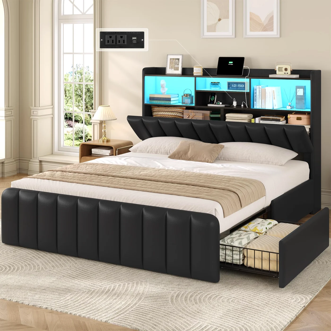 Full Bed Frame with Bookcase Headboard, Black, black