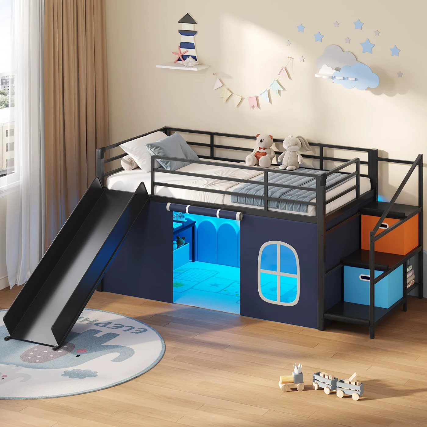 Twin Loft Bed with Under- Play Space, Black, black