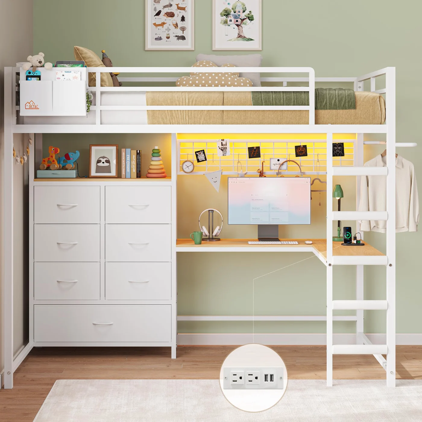 Twin Loft Bed with L-Shaped Desk Storage (1DG6), white