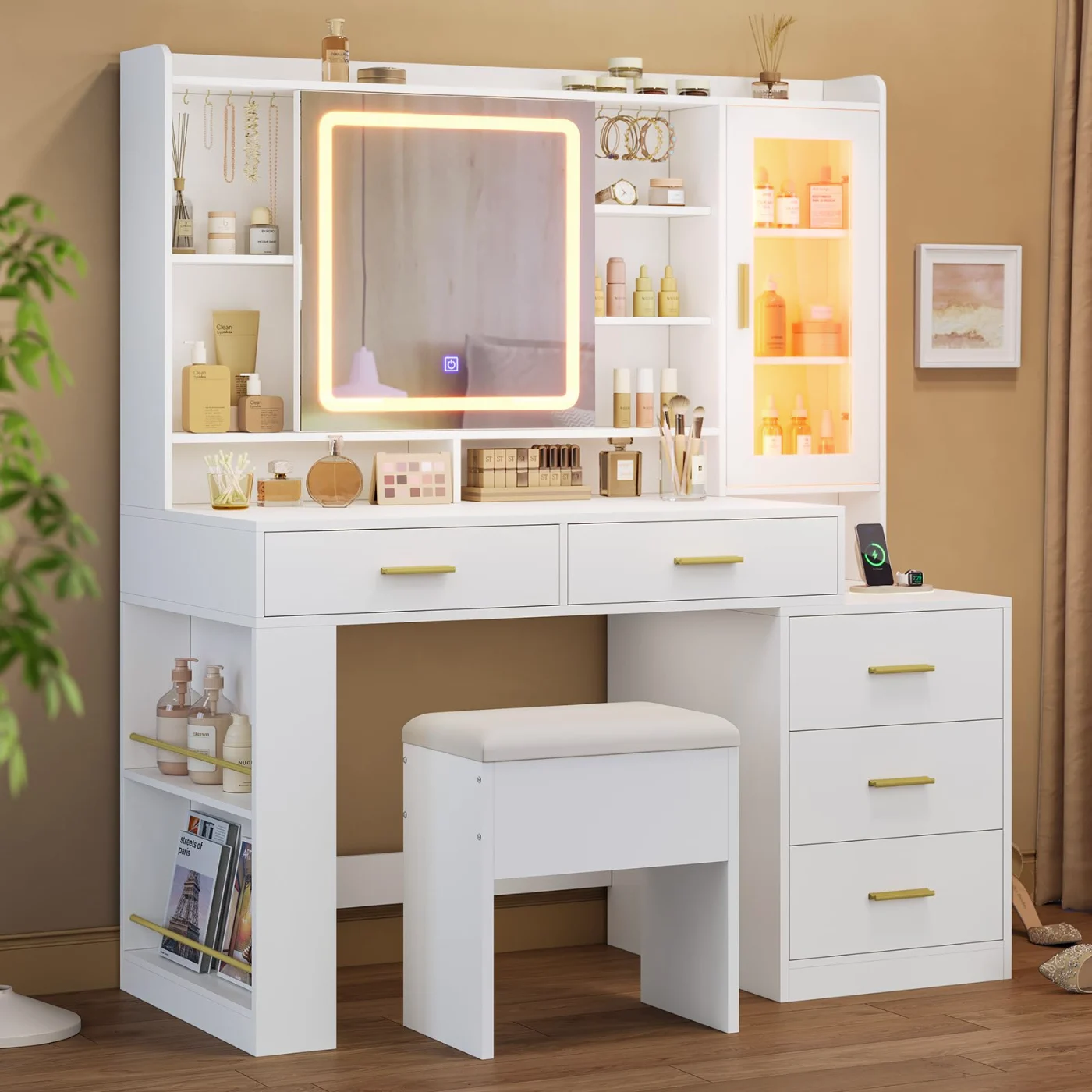 Makeup Vanity Desk With Sliding Led Lighted, white