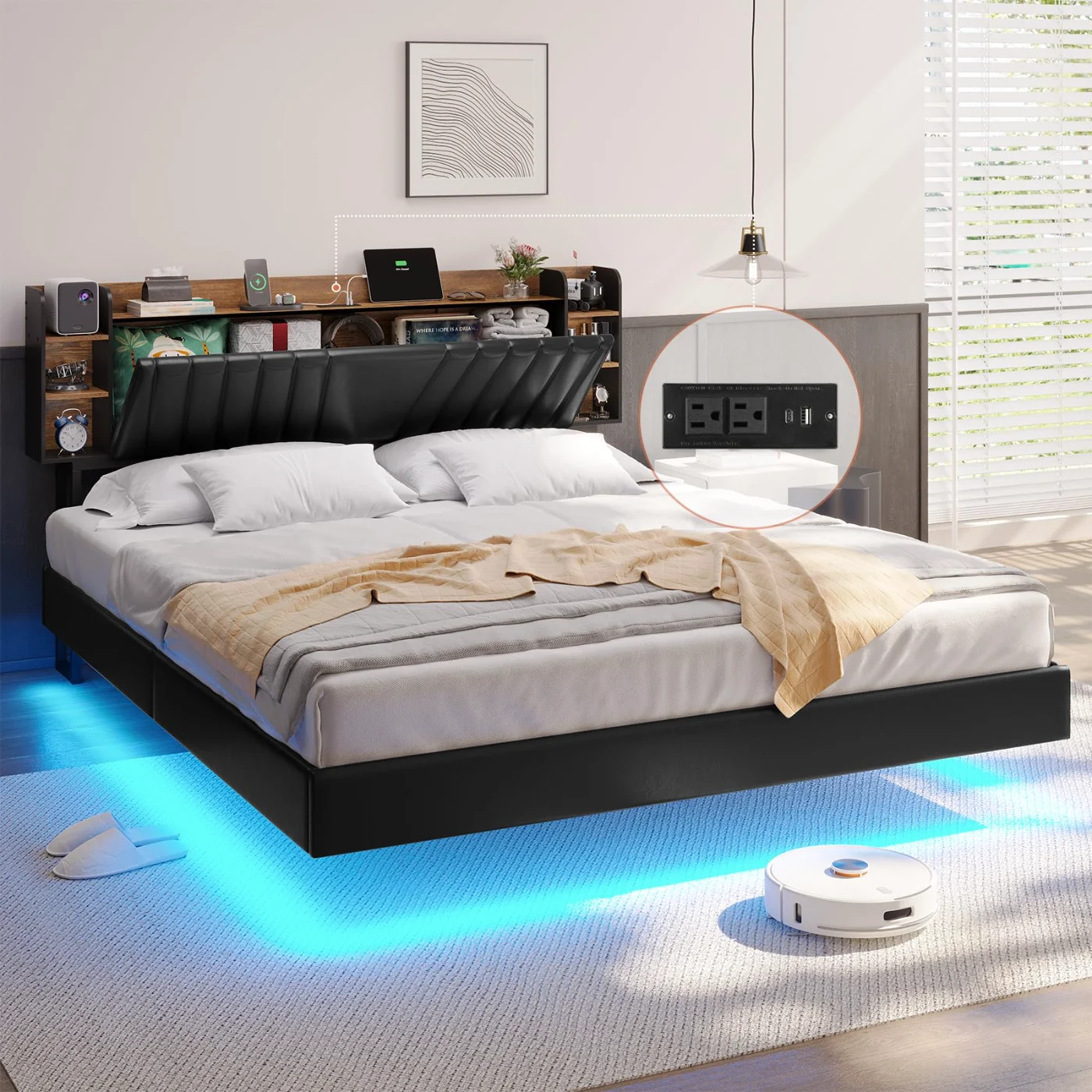 Cal King Bed Frame with Hidden Storage (SC55), black