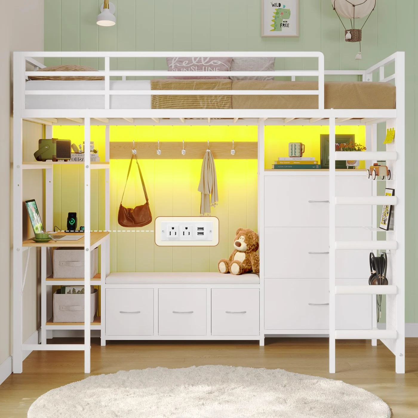 Full Loft Bed with L-Shaped Desk, White (Z8RL), white