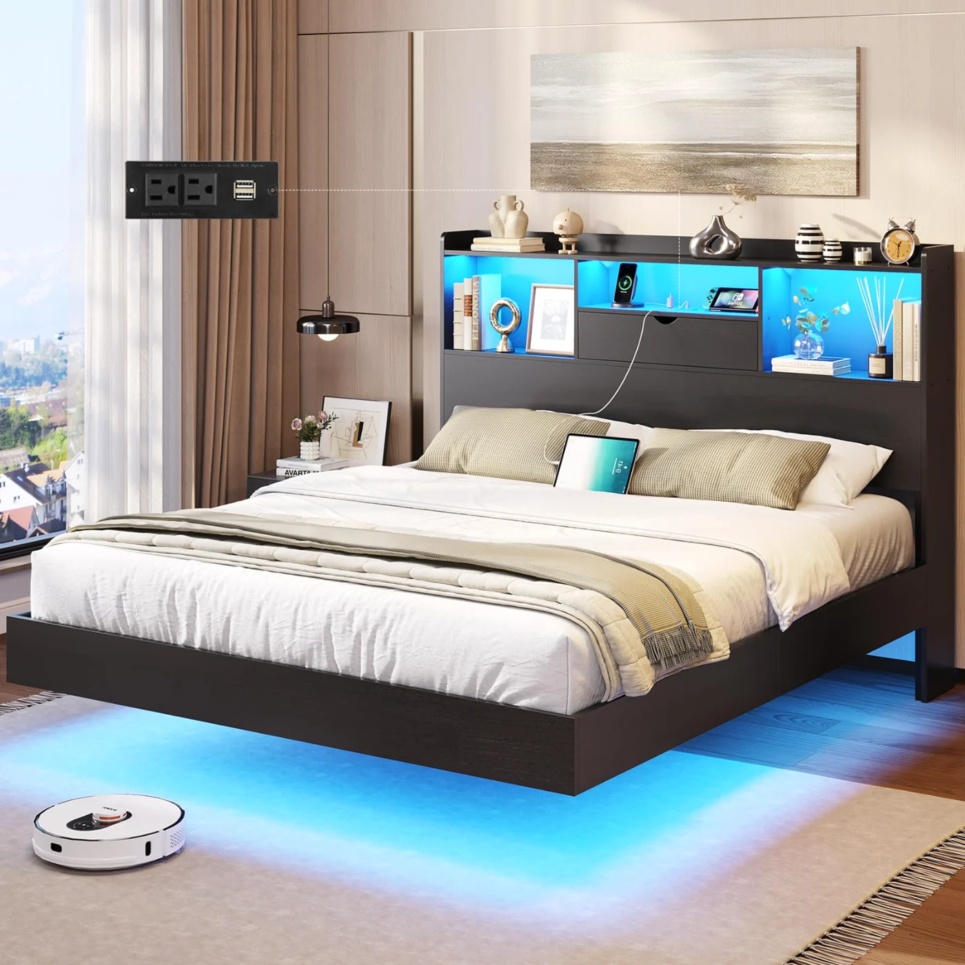 Full Bed Frame with Led Lights Storage Headboard, black