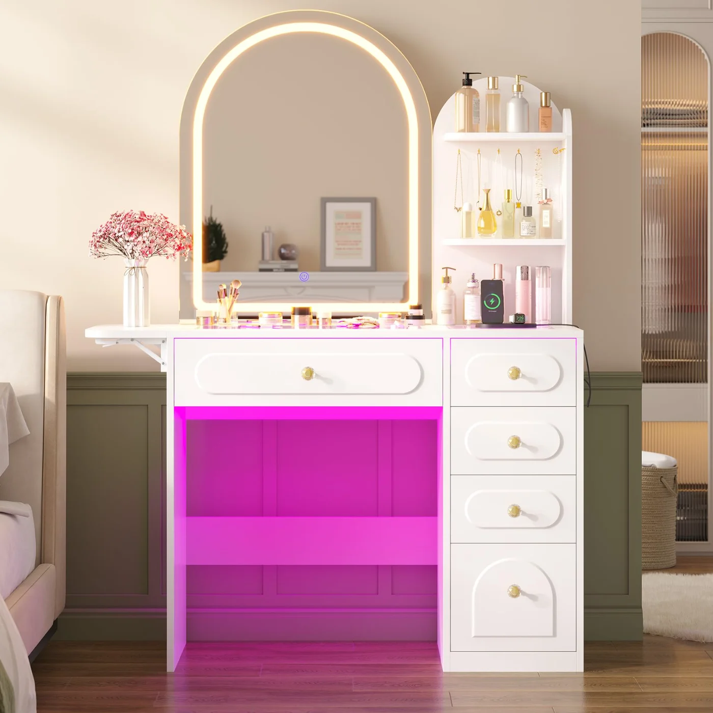 Vanity Desk With Led Lighted Mirror, white