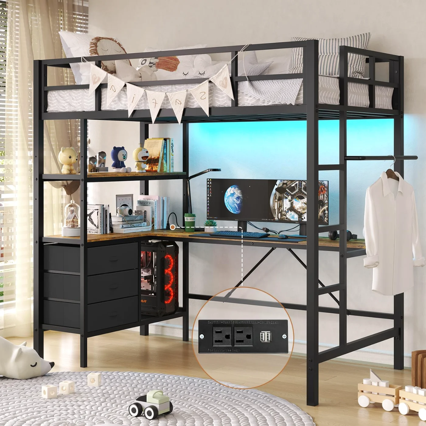 Full Loft Bed with U-Shaped Desk, Black, black