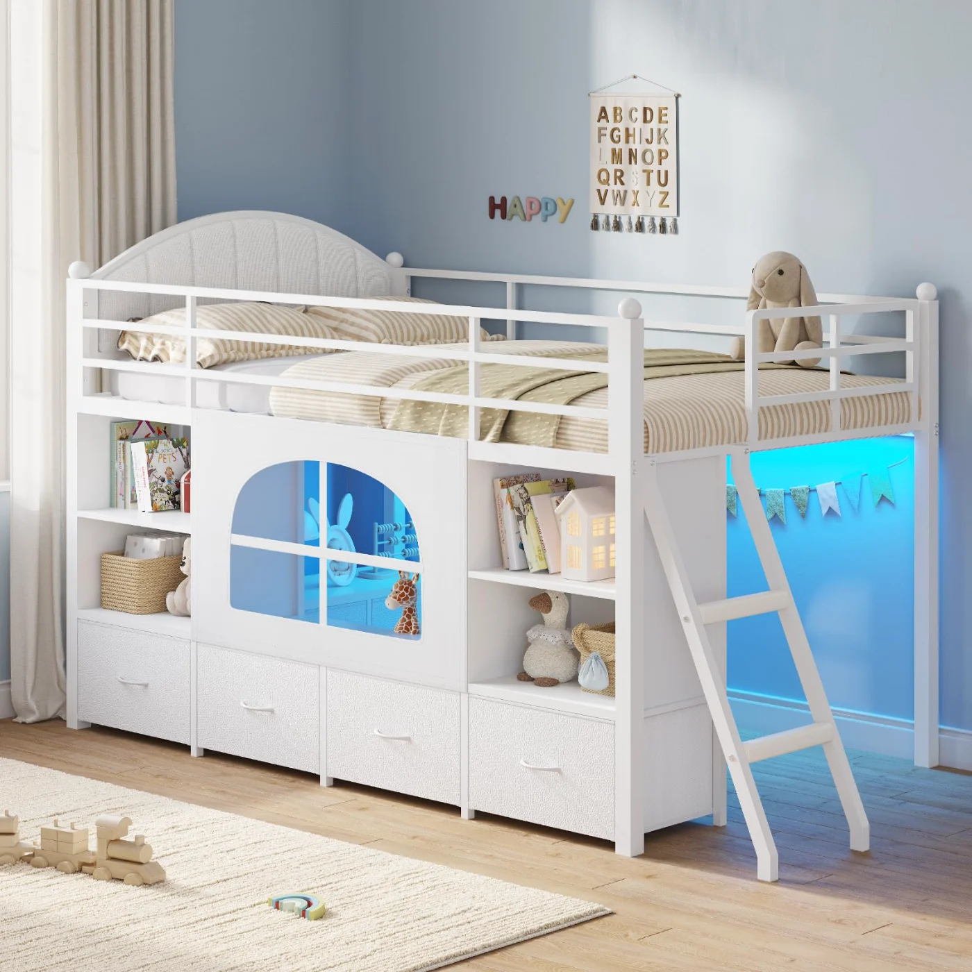 Twin Loft Bed with Drawers, White, white