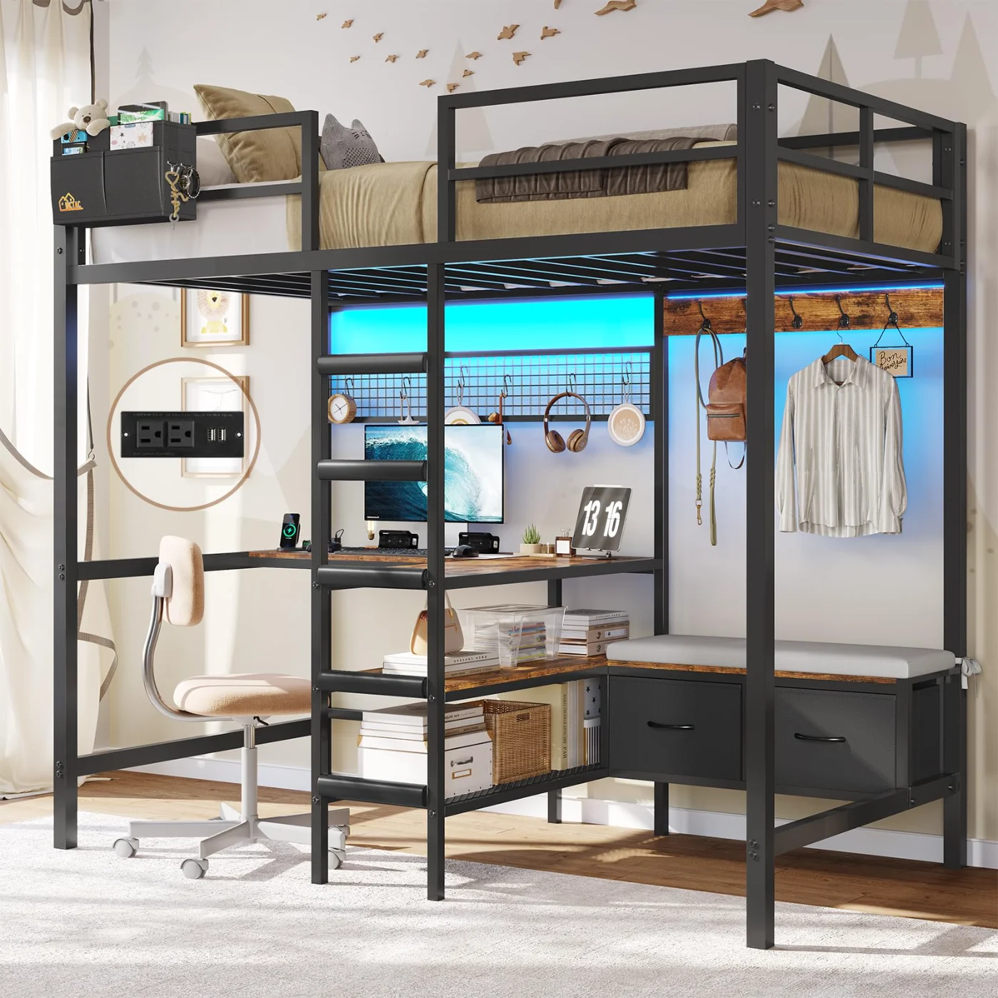 Twin Loft Bed with L-Shaped Desk, Black (KLBM), black