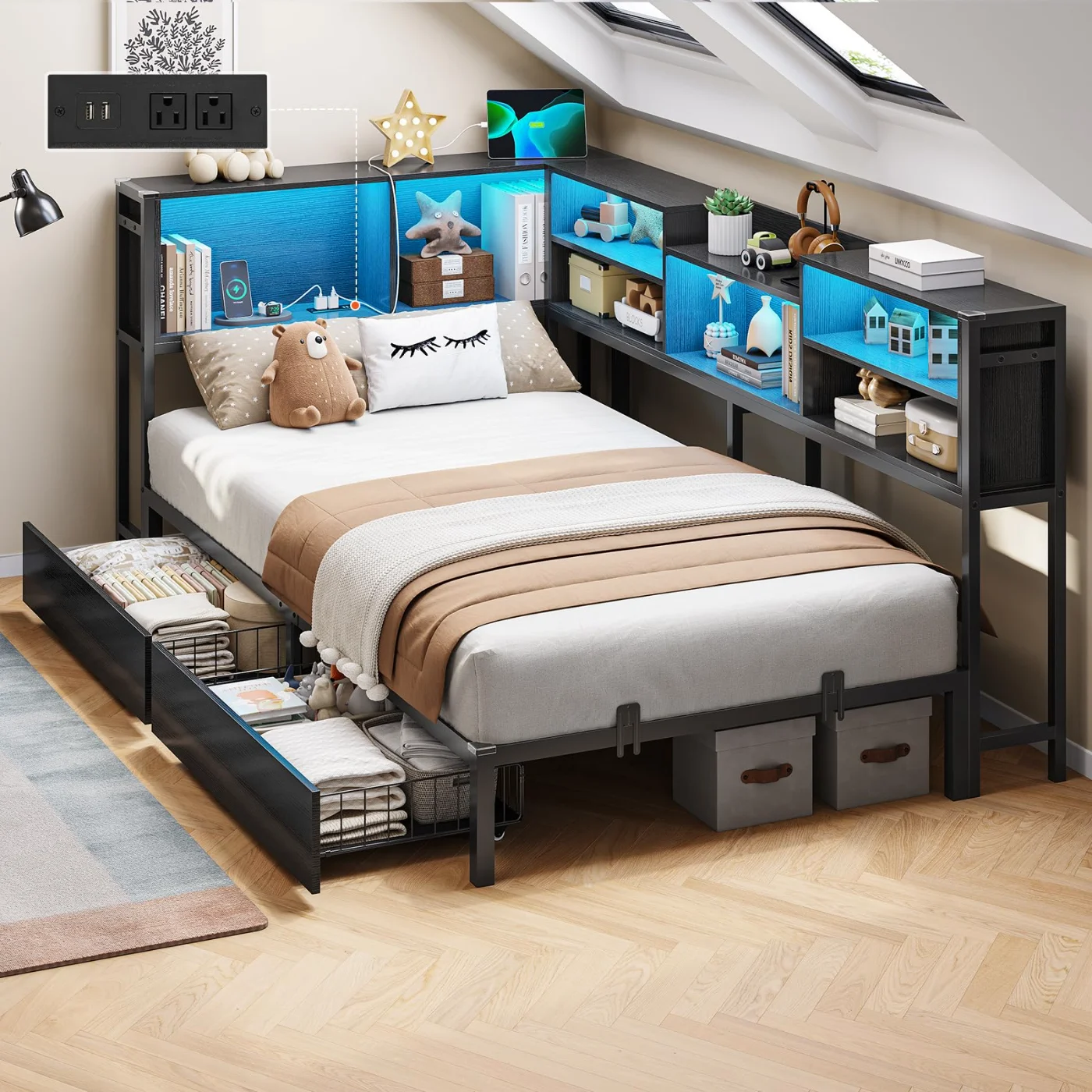Full Corner Bed with Storage Bookcase Led Lights Drawers, black