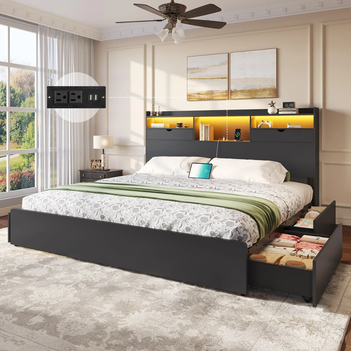 Queen Bed Frame with Storage Headboard Underneath Drawers, black
