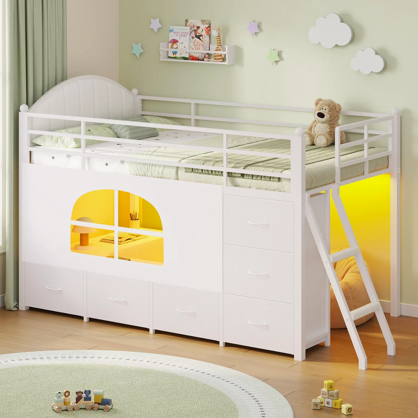 Twin Loft Bed with Storage Drawers, White (WL4G), white