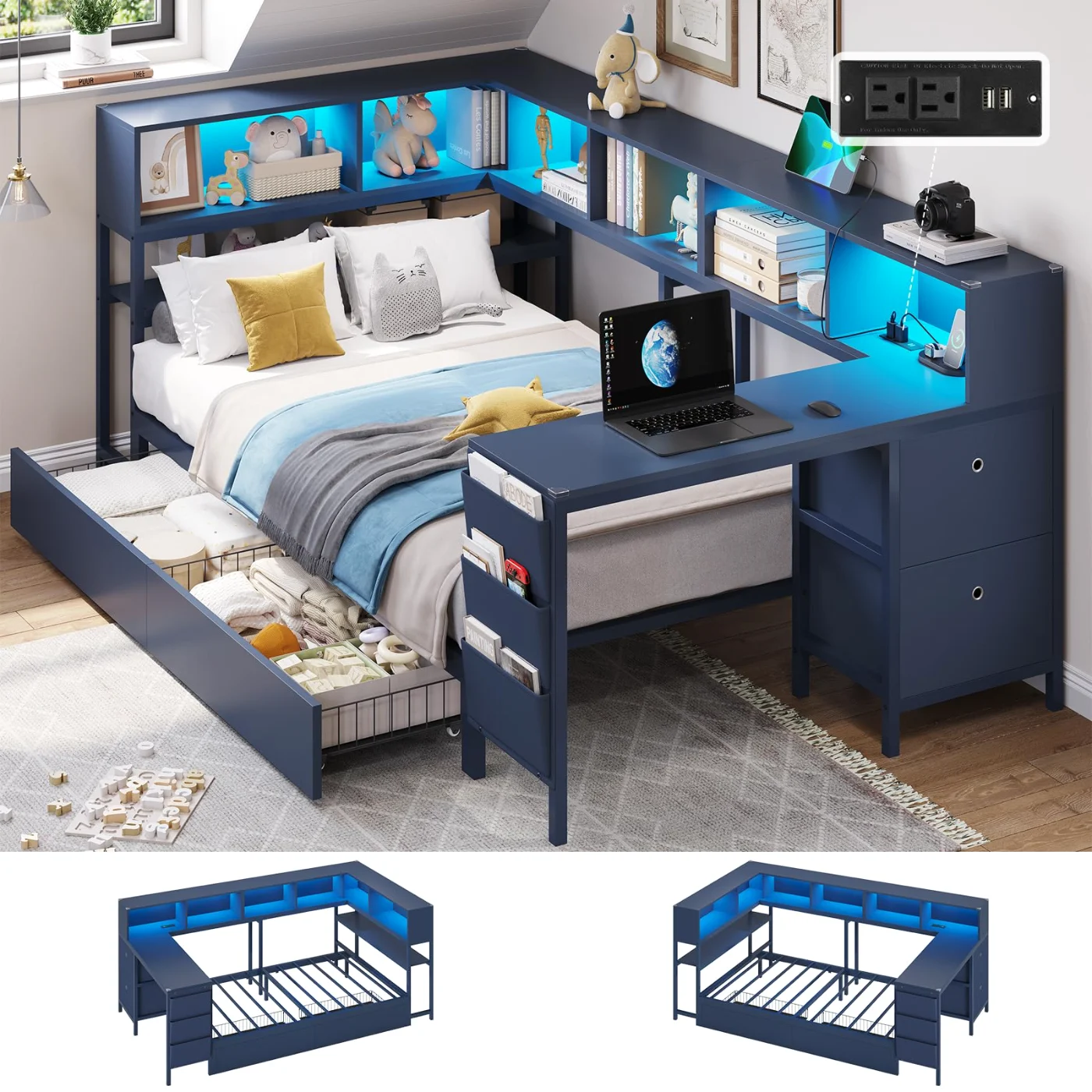 Twin Corner Bed with Desk Storage Bookcase, Blue, blue